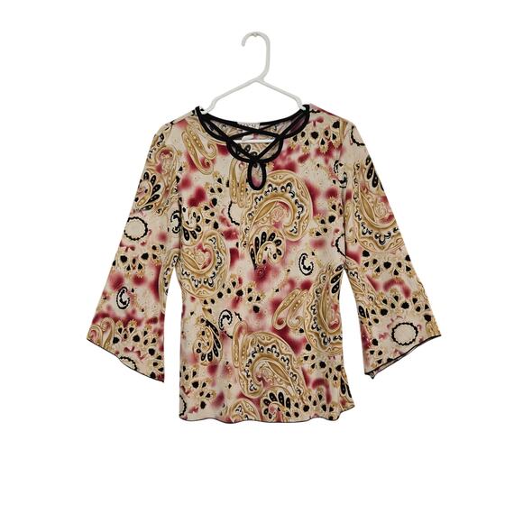 VTG Y2K MKM Designs Paisley Bell Sleeves Top Sz Large Keyhole Neck Sleeve Slits - Picture 1 of 7